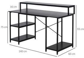 Mesa para Computador com Prateleiras Pés Ajustáveis ​​Moldura de Metal 140x60x93 cm