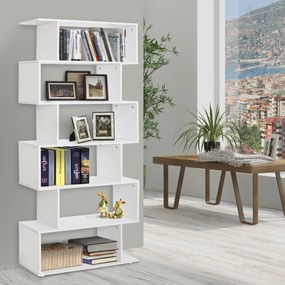 Estante Moderna em forma de S tipo Biblioteca de 6 Prateleiras- Madeira– Cor: Branco- 80 x 25 x 192 cm
