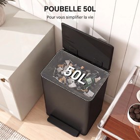 Caixote do Lixo de Cozinha com Pedal, 41,7 x 36,6 x 62 cm, Capacidade de 50 Litros, Preto