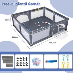 Conjunto 2 em 1 Parque de atividades bebés portátil 206 x 185,5 x 68 cm e tapete reversível para crianças com material seguro cinza escuro + zoológico