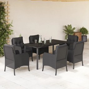 7 pcs conjunto de jantar p/ jardim c/ almofadões vime PE preto