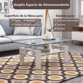Mesa de Centro com Estante Inferior, 99,5 x 59,5 x 44,5 cm, Tampo em Vidro Temperado, Branco
