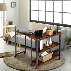 Secretária Mesa de Computador em Estilo Industrial com Rodas e Superfície Móvel e Estrutura Metálica para 80 x 30 x 67 cm Castanho Rústico