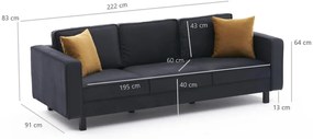 Sofá de 3 Lugares Kale – Antracite – 222x83x91 cm