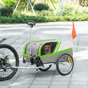 Reboque de Bicicleta para Cães 2 em 1 Carrinho para Animais de Estimação com Porta Enrolável Cinto de Segurança Bandeira e Refletores 130x64x92cm Verd