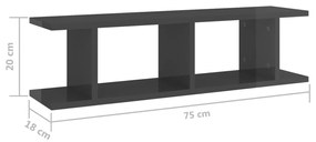 Estantes de parede 2 pcs 78x18x20 cm madeira cinza brilhante