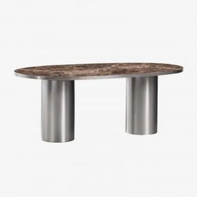 Oval Dining Table 220x110 Cm In Natural Stone And Stainless Steel Fertrix Mármore Castanho Emperador - Sklum