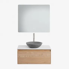 Conjunto De Móvel De Casa De Banho Suspenso 80x50 Cm Em Madeira De Freixo Tedrik Castanho Fresno & Cimento Cinzento Redondo Ø40 Cm Tarsis - Sklum
