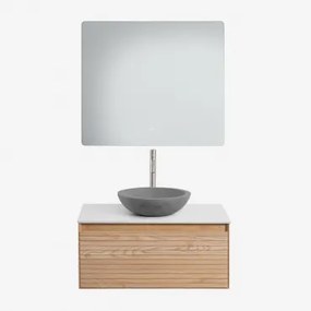 Conjunto De Móvel De Casa De Banho Suspenso Em Madeira De Freixo Tedrik Castanho Fresno & Cimento Cinzento Redondo Ø40 Cm Tarsis & Led - Sklum