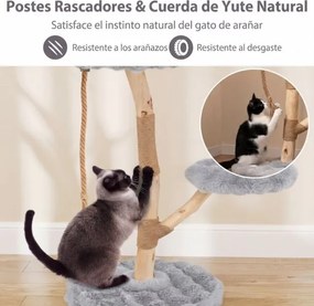 Arranhador para gatos 50 x 90 cm com plataforma central de atividades em madeira maciça, com postes para arranhar em juta natural, natural e Cinzento