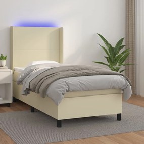 Cama box spring c/ colchão/LED 90x200 cm couro artificial creme