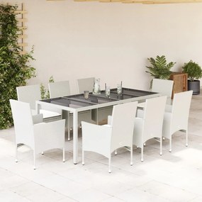 vidaXL 9 pcs conjunto jantar jardim c/ almofadões vime PE/vidro branco