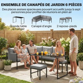 Conjunto de jardim com sofá de canto para exterior, 6 peças, almofadas de 10 cm, mesa alta e 2 apoios para os pés, cinzento