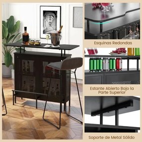 Mesa de bar alta Armário de bar em metal com 2 estantes para vinhos e 6 suportes para copos Suporte de bar Cozinha Pub 120 x 50 x 106,5 cm Preto