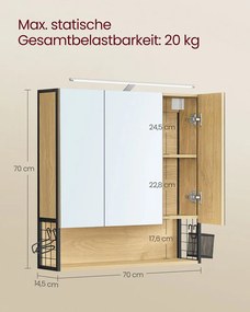 Armário de casa de banho parede com iluminação LED 14,5 x 70 x 70 cm cor carvalho natural