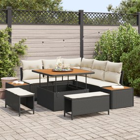 Conjunto de Sofá de Jardim de 8 Peças com Almofadas Rattan Preto Acáci