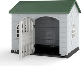 Casota de plástico para cães com 3 janelas e porta com fechadura, telhado inclinado, para interior e exterior, 75 x 58 x 65 cm, verde