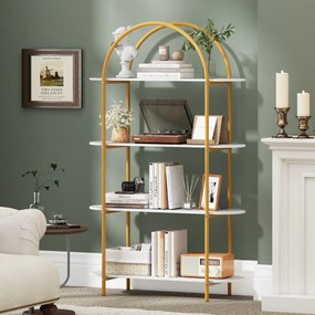 Estante em arco 95 x 34 x 156 cm, estante moderna de 4 níveis, estrutura metálica, organizador, arrumação para casa e escritório, dourado e branco