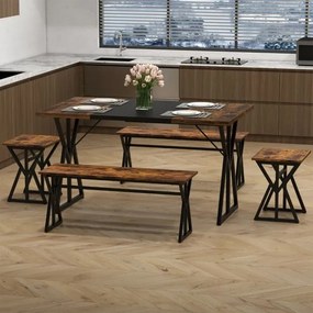 Conjunto de sala de jantar de 5 peças para 4-6 pessoas Mesa de cozinha retangular industrial com 2 bancos e 2 bancos altos castanho