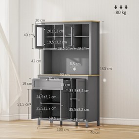 Armário de cozinha tipo aparador com 5 portas, das quais 2 com vidro, 1 gaveta e 1 compartimento aberto central - altura 180 cm, cinzento