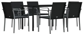 7 pcs conjunto de jantar p/ jardim c/ almofadões vime PE e aço