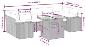 8 pcs conjunto sofás de jardim c/ almofadões vime PE cinzento