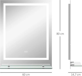 Espelho retangular 80 x 60 cm de parede com iluminação LED para casa de banho