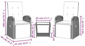 3 pcs conjunto de jantar p/ jardim c/ almofadões vime PE cinza