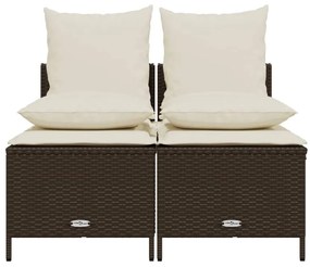 4 pcs conjunto sofás de jardim c/ almofadões vime PE castanho