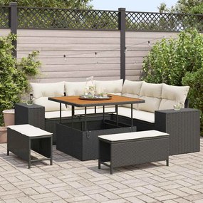 vidaXL Conjunto de Sofá de Jardim 8 Peças com Almofadas de Rattan de Poliéster Preto e Acácia.