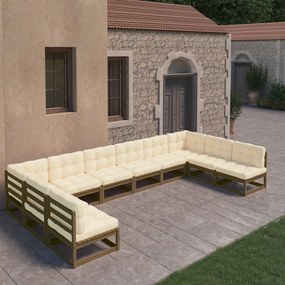 vidaXL 10pcs conj. lounge jardim almofadões pinho maciço castanho mel