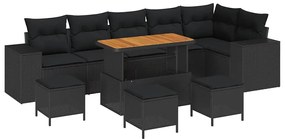 Conjunto de Sofá com 10 Peças e Almofadas em Polyrattan Preto e Acácia