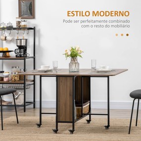 Mesa de Cozinha Dobrável Mesa de Refeição Dobrável com Rodas Laterais Abatíveis e Prateleira Mesa Dobrável para Sala de Jantar 130x80x74 cm Castanha