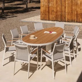 Conjunto De Mesa Oval Taneli, 260x110 Cm, Feito De Alumínio E Madeira De Teca, E 10 Cadeiras De Jardim Empilháveis De Alumínio E Madeira De Teca -