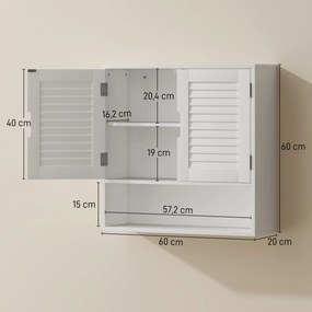 Armário de Parede de Casa de Banho com Porta de Ripas, 60 x 20 x 60 cm, Prateleira Ajustável, Branco
