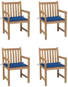 Cadeiras de jardim c/ almofadões azul real 4 pcs teca maciça