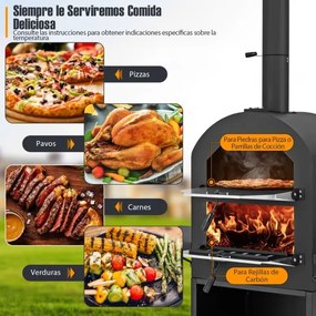 Forno para pizza para exterior com rodas Pedra para pizza Pá 2 grelhas Termómetro Prateleiras laterais para armazenamento Preto