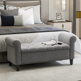 Banco de arrumação para a cabeceira da cama com braços, tecido com efeito de veludo, estofado e acolchoado, 126 x 48,5 x 57 cm, cinzento