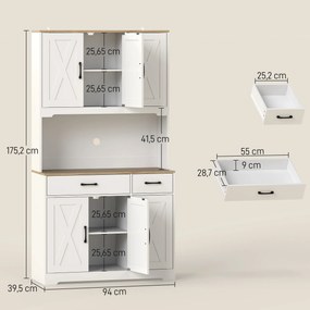 Aparador Alto de Cozinha, 94 x 39,5 x 175,2 cm, 6 Portas e 2 Gavetas, Branco