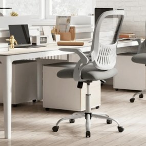 Cadeira de escritório ergonómica com encosto em malha e apoios de braços rebatíveis, ajustável em altura e rodas cinzenta