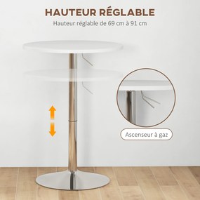 Mesa de bar redonda, mesa alta de cozinha (BANCOS NÃO INCLUIDOS) com altura ajustável 60 L x 60 P x 69-91 A cm, tampo giratório a 360°, branca e prate