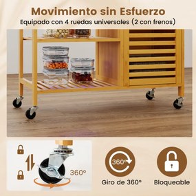 Carrito con Ruedas Carro Aparador de Bambú con Superficie Amplia Cajón 3 Estantes para Cocina y Salón 91 x 44 x 89 cm Natural