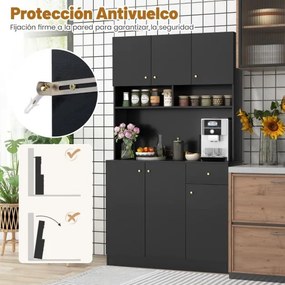 Armário de Cozinha / despensa 100 x 40 x 181 cm com tomadas elétricas, portas USB preto