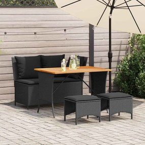 4 pcs conjunto de jardim p/ jardim c/ almofadões vime PE preto