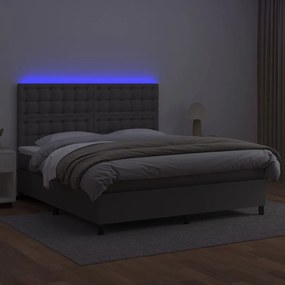 Cama box spring c/ colchão/LED 160x200cm couro artificial cinza