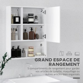 Armário de parede para casa de banho com espelho 60 x 15 x 76 cm, móvel de casa de banho, 5 compartimentos e prateleira ajustável, branco