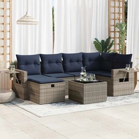 7 pcs conjunto sofás p/ jardim c/ almofadões vime PE cinzento