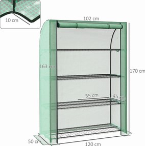 Mini estufa de jardim 120 x 50 x 170 cm de 4 andares com lona de PE reforçada, porta enrolável e prateleiras verde