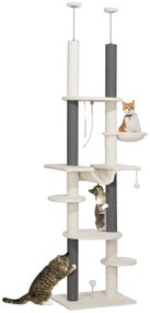 Arranhador para Gatos do Chão ao Teto 225-255 cm  com 7 Níveis Rede Plataformas Postes de Arranhar Creme e Cinza