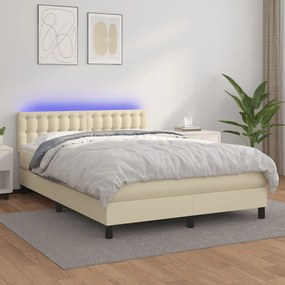 vidaXL Cama box spring c/ colchão/LED 140x200cm couro artificial creme